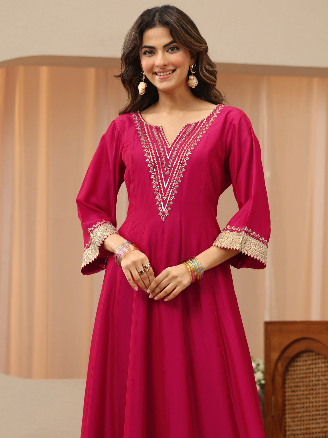  Pink Yoke Design Silk Blend Anarkali Suit Set 