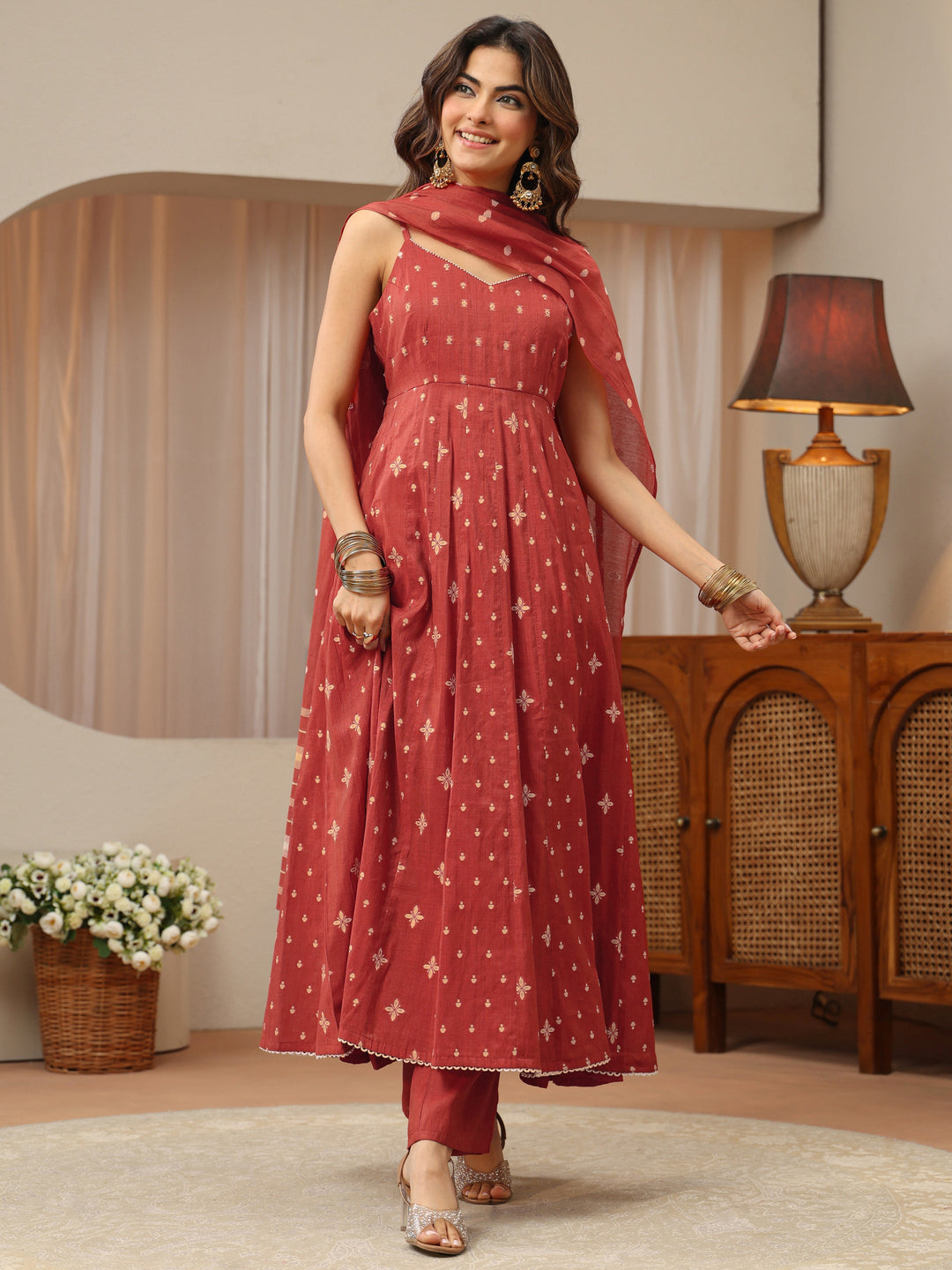  Earthy Red Woven Design Chanderi Silk Anarkali Suit Set 