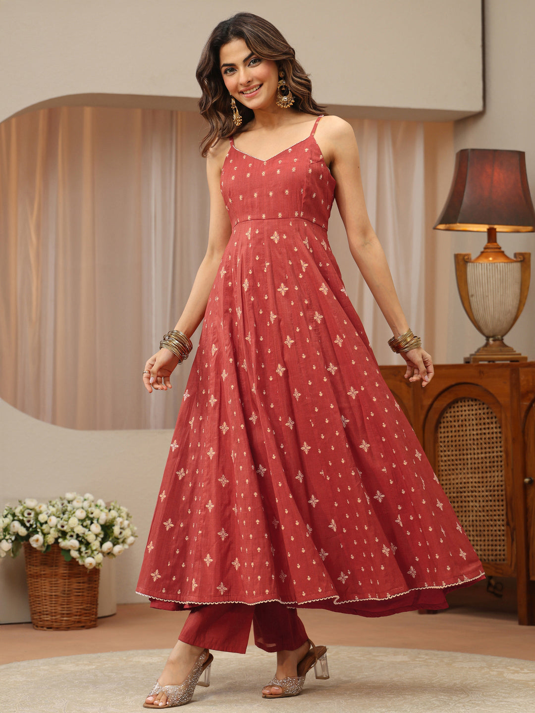  Earthy Red Woven Design Chanderi Silk Anarkali Suit Set 