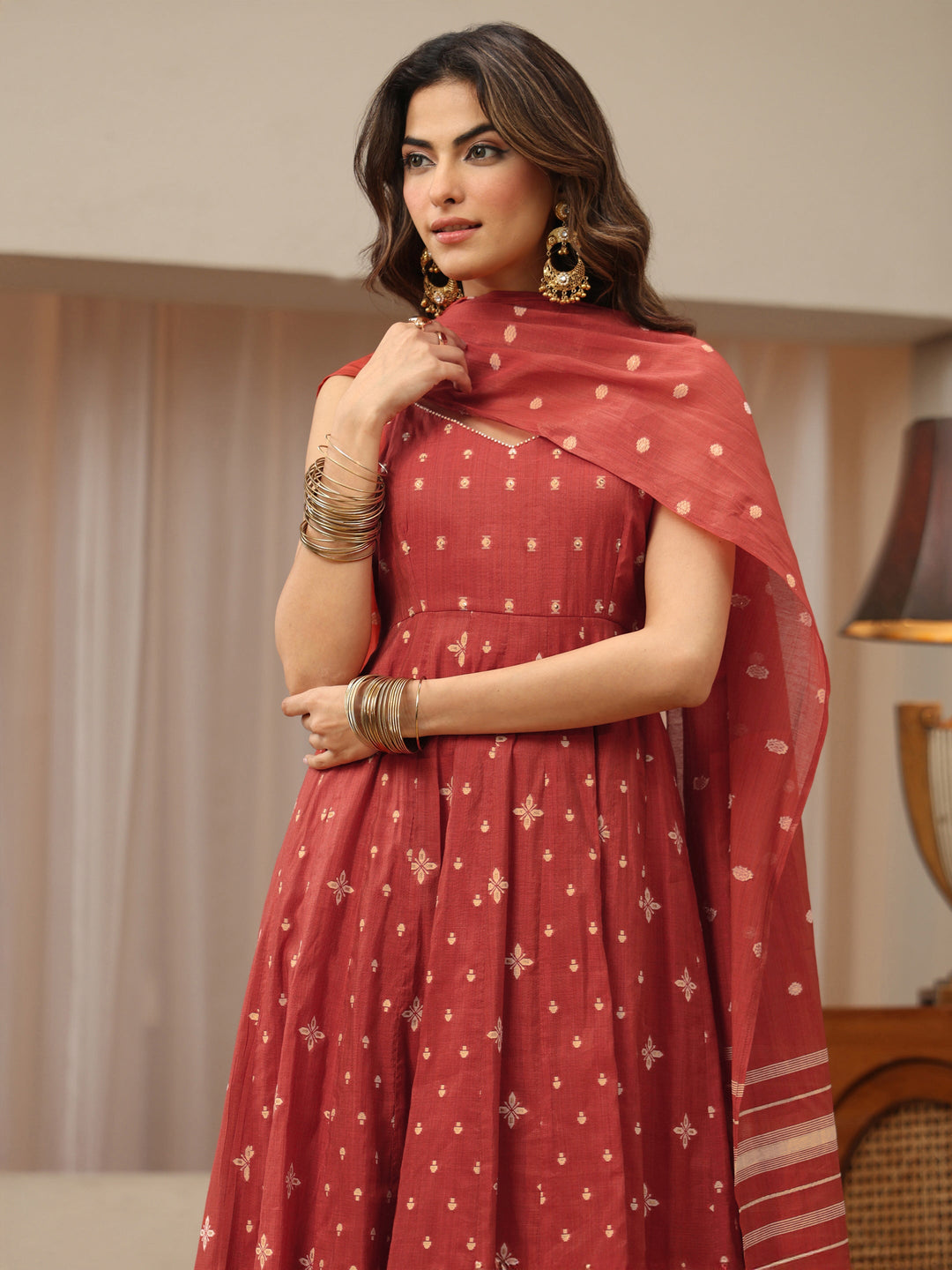  Earthy Red Woven Design Chanderi Silk Anarkali Suit Set 