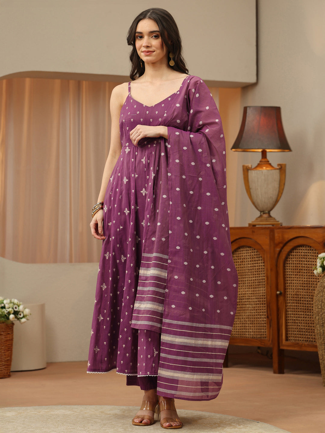  Orchid Purple Woven Design Chanderi Silk Anarkali Suit Set 