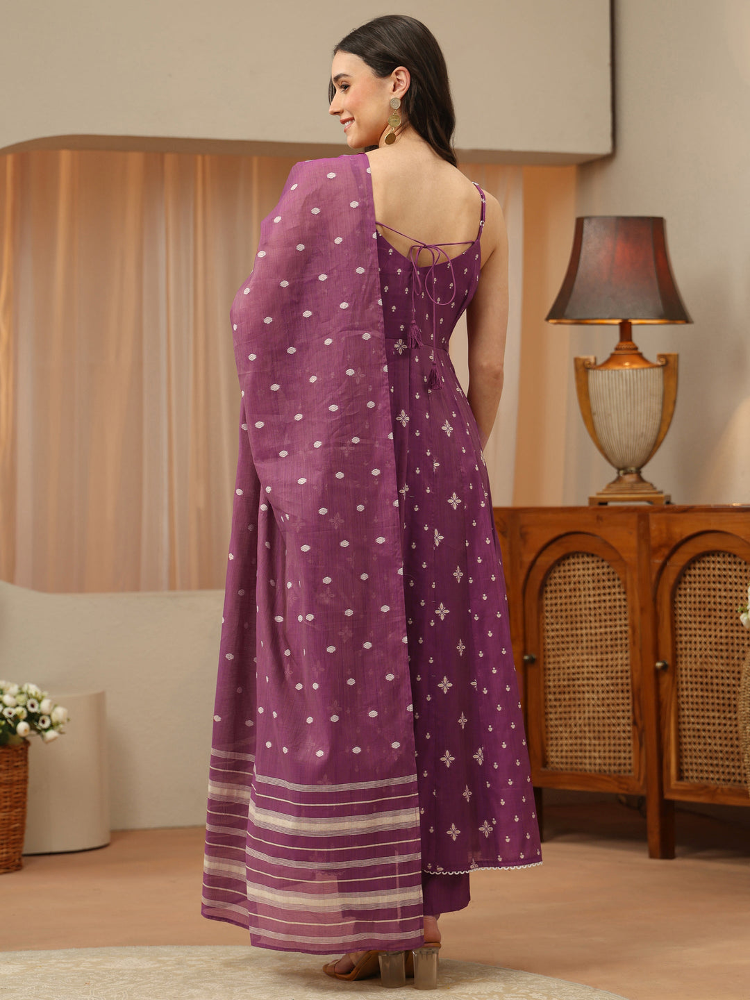  Orchid Purple Woven Design Chanderi Silk Anarkali Suit Set 