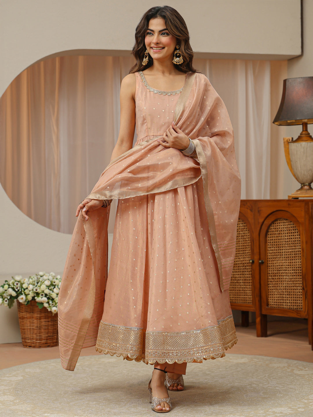  Blush Peach Woven Design Chanderi Silk Sleeveless Anarkali Suit Set 