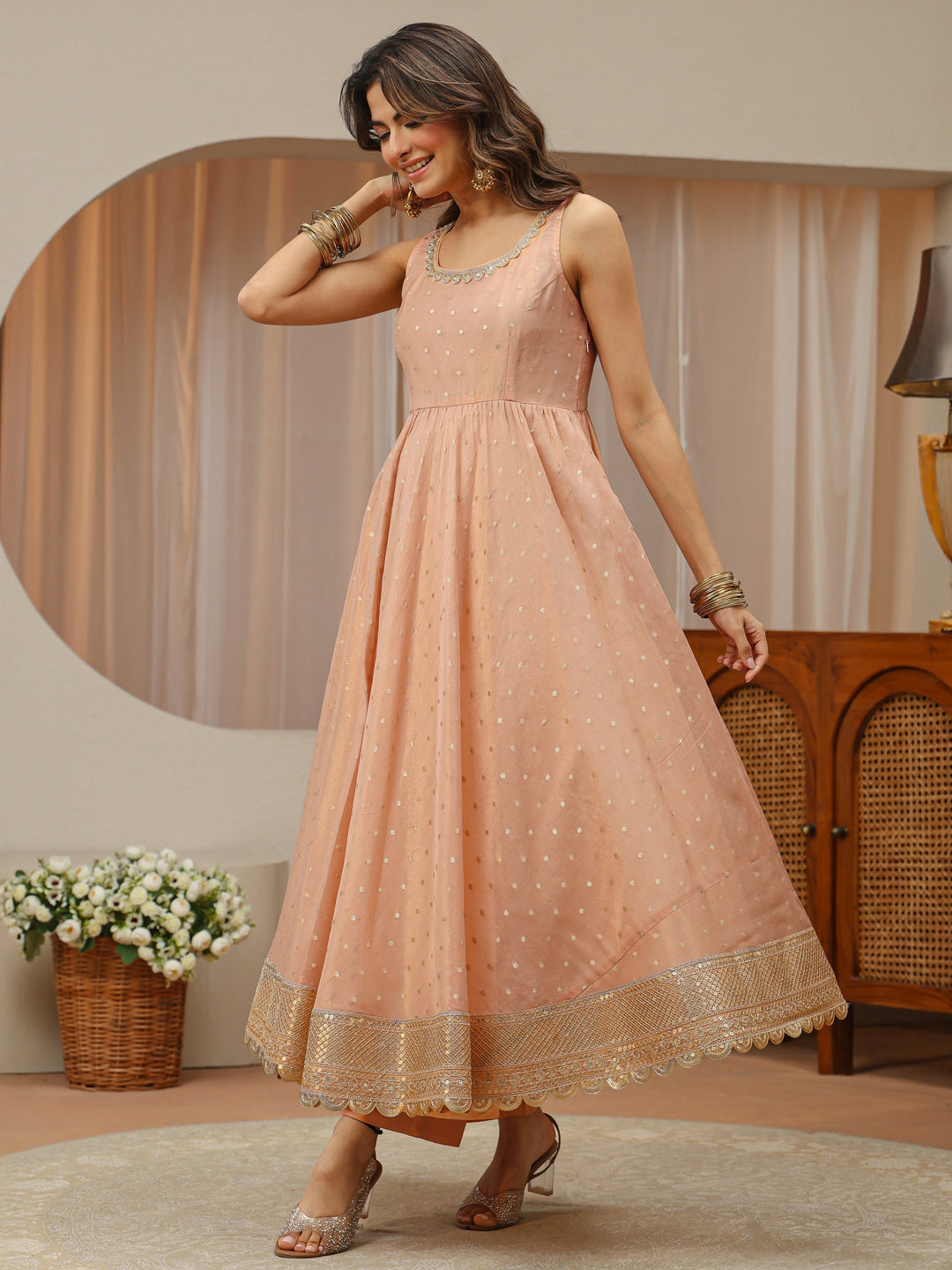  Blush Peach Woven Design Chanderi Silk Sleeveless Anarkali Suit Set 