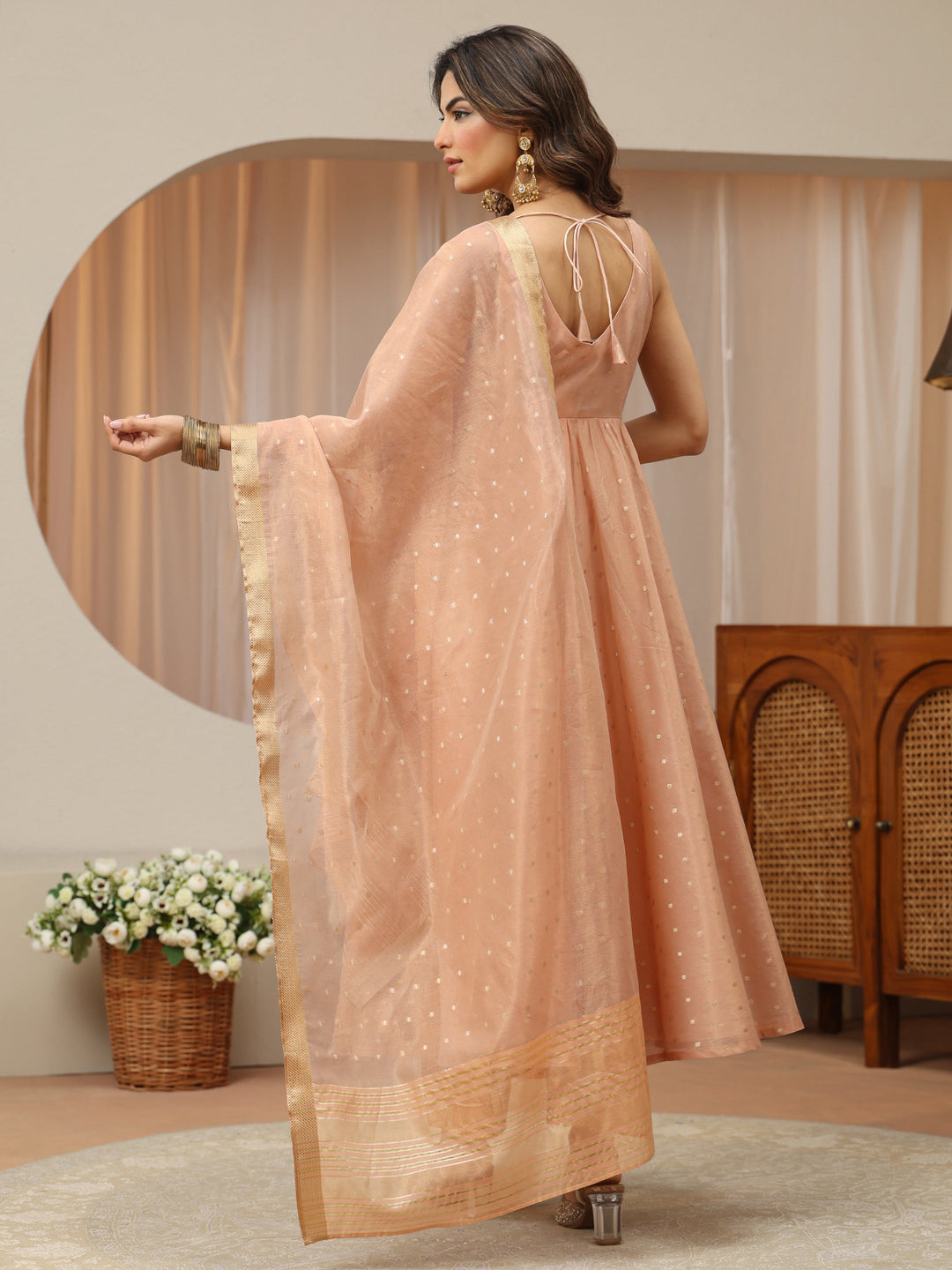  Blush Peach Woven Design Chanderi Silk Sleeveless Anarkali Suit Set 