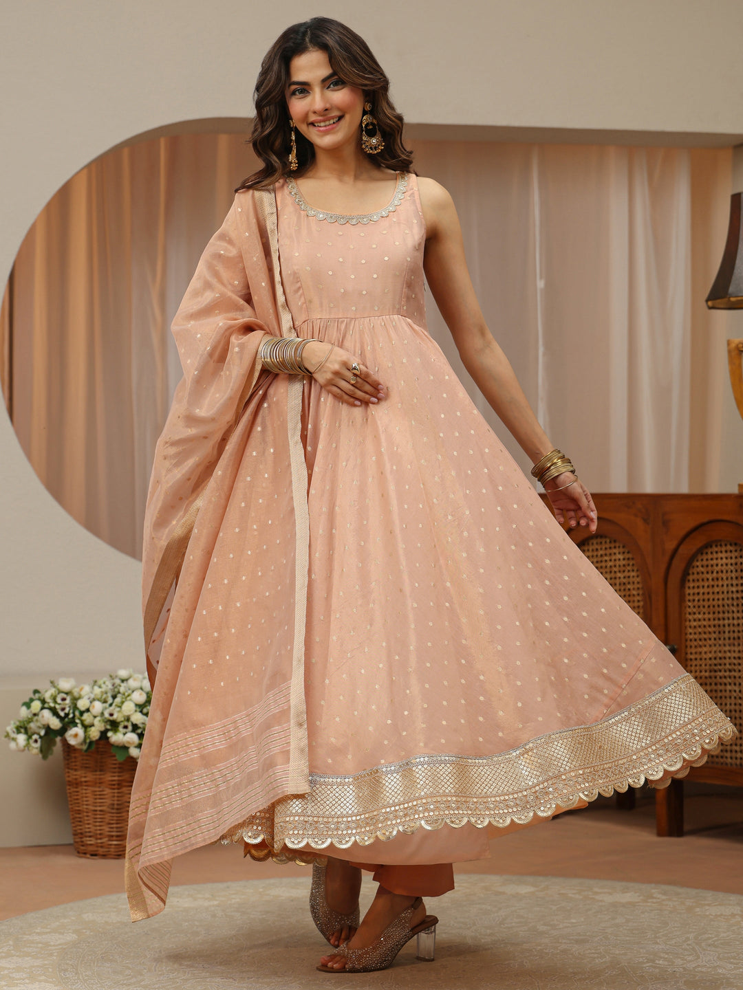  Blush Peach Woven Design Chanderi Silk Sleeveless Anarkali Suit Set 