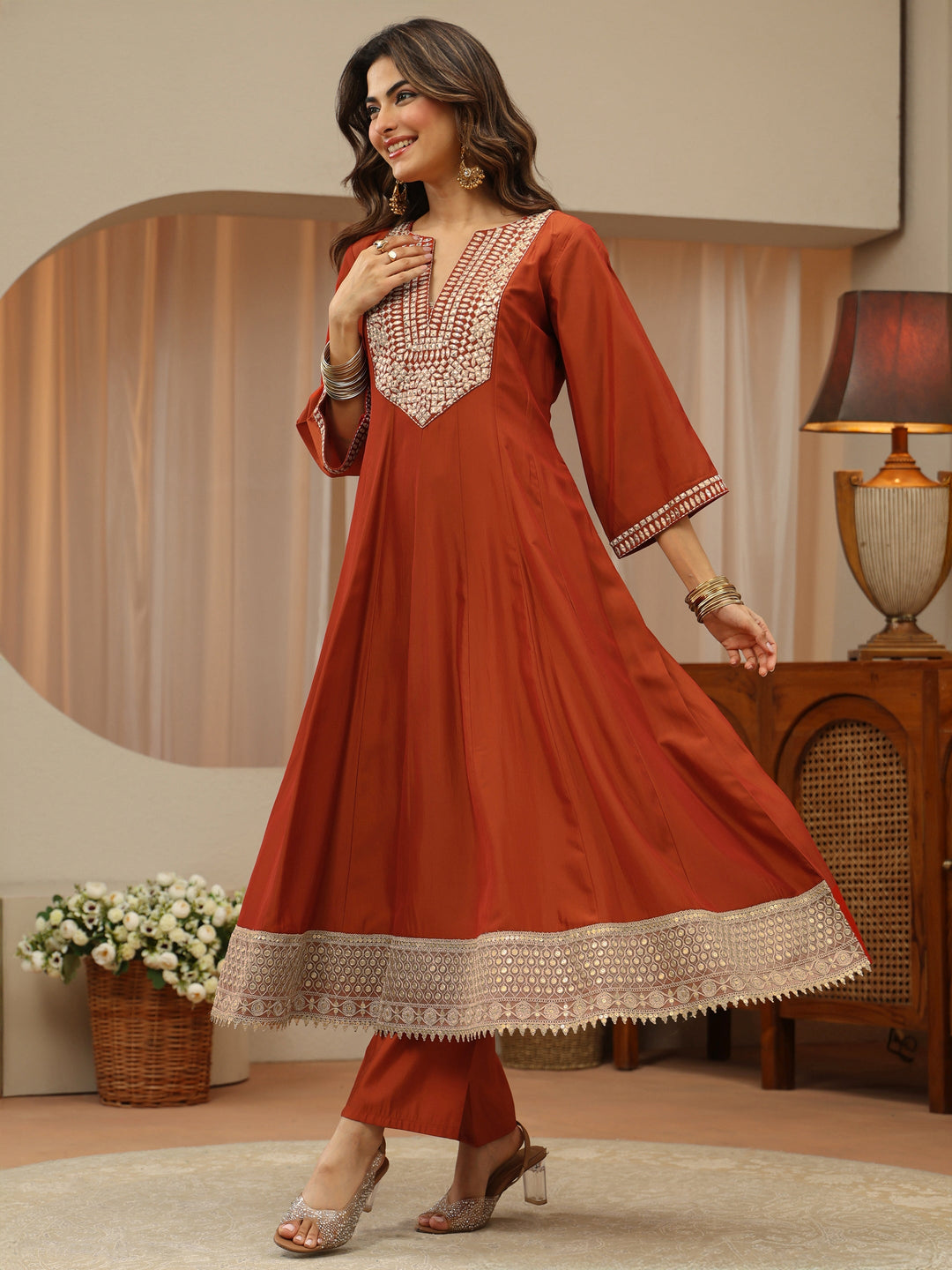  Rust Mirror Work Yoke Silk Blend Anarkali Suit Set 