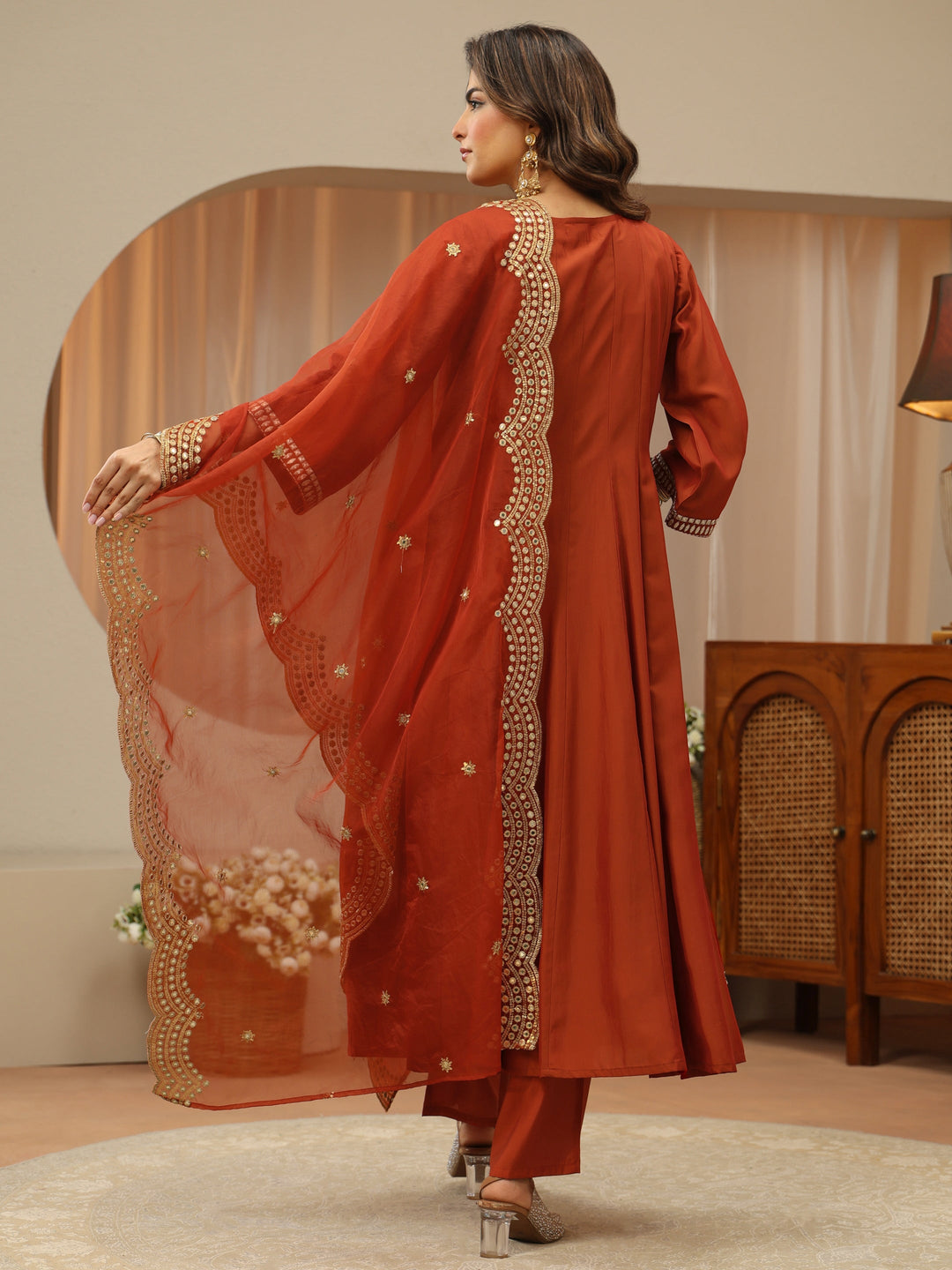  Rust Mirror Work Yoke Silk Blend Anarkali Suit Set 