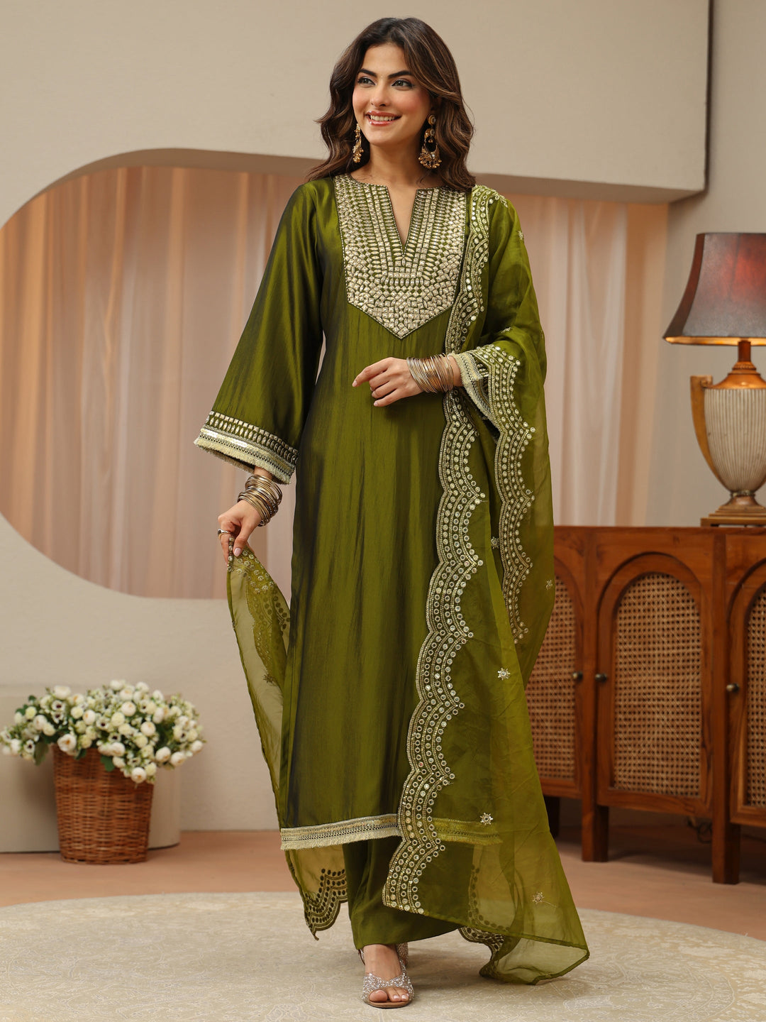  Leaf Green Mirror Work Yoke Silk Blend Straight Suit Set 
