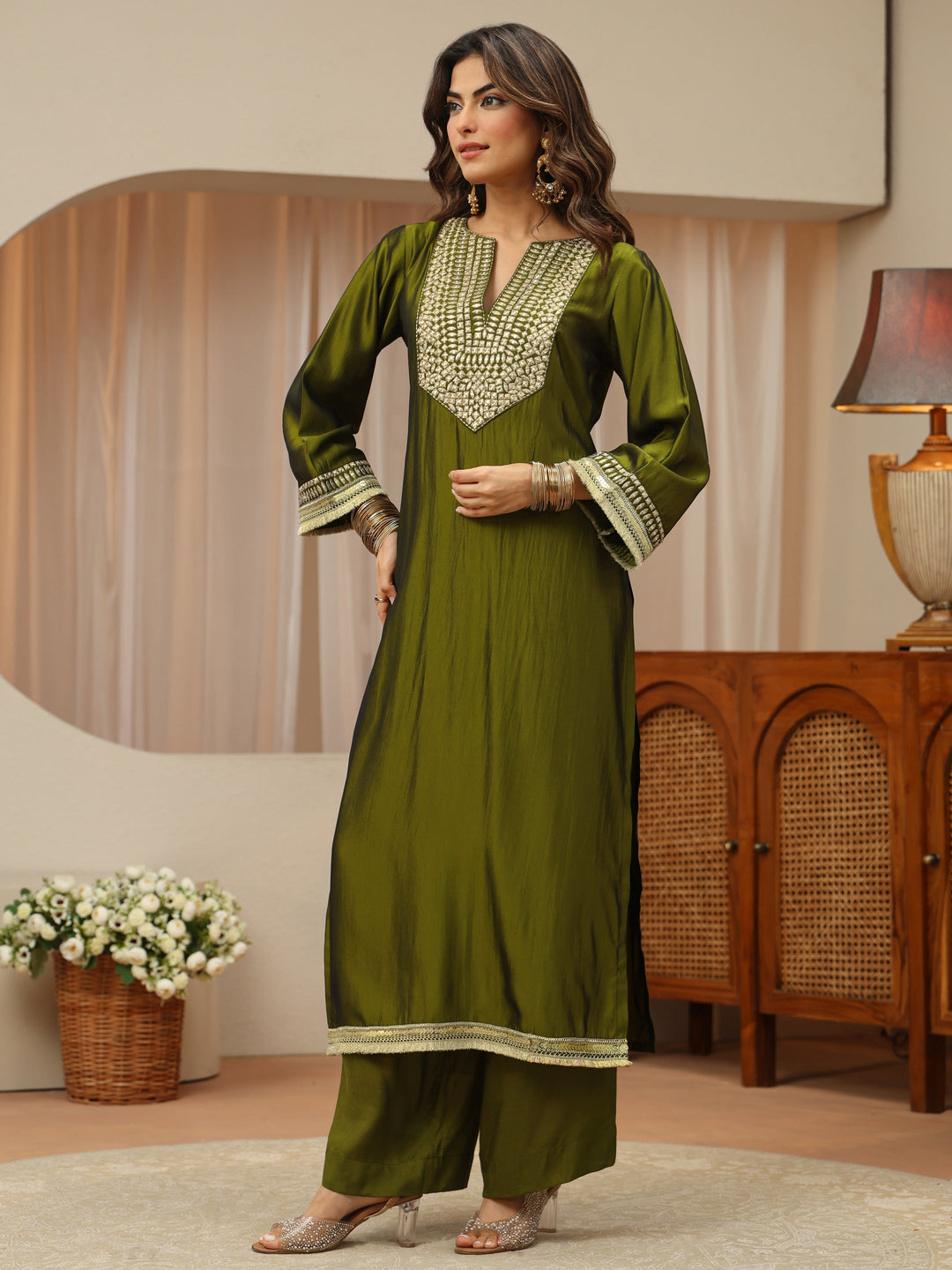  Leaf Green Mirror Work Yoke Silk Blend Straight Suit Set 