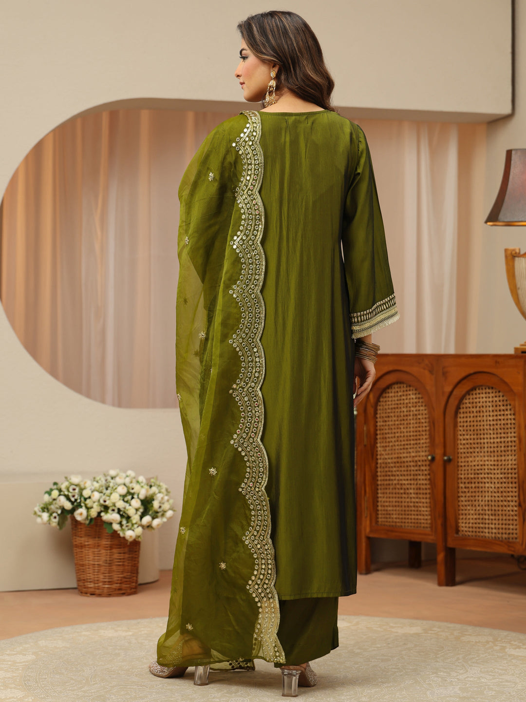  Leaf Green Mirror Work Yoke Silk Blend Straight Suit Set 