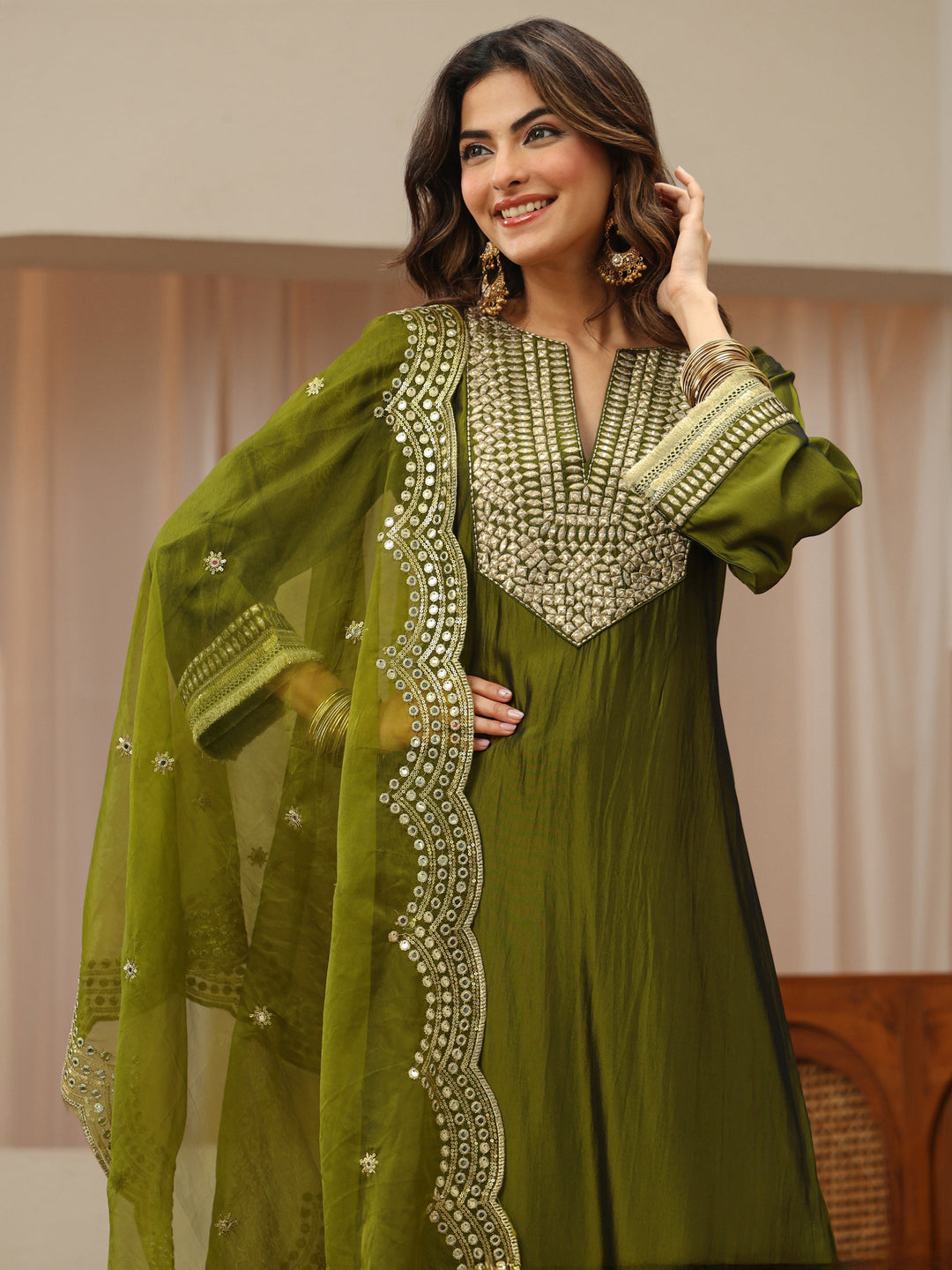  Leaf Green Mirror Work Yoke Silk Blend Straight Suit Set 