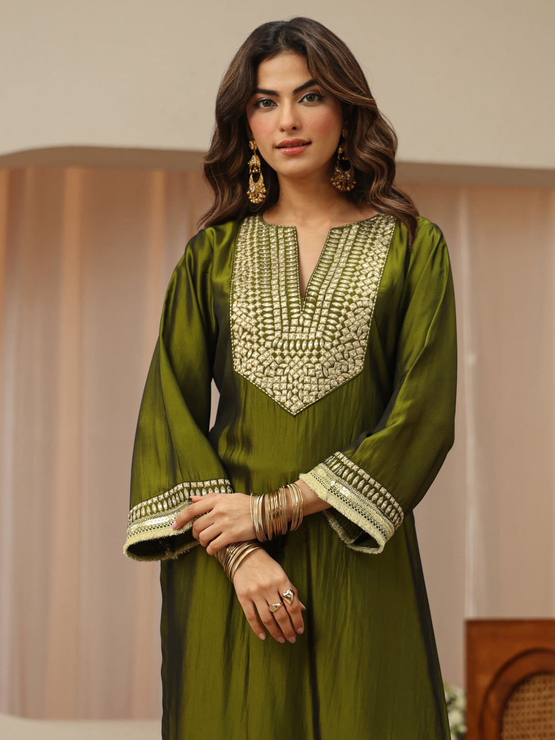  Leaf Green Mirror Work Yoke Silk Blend Straight Suit Set 