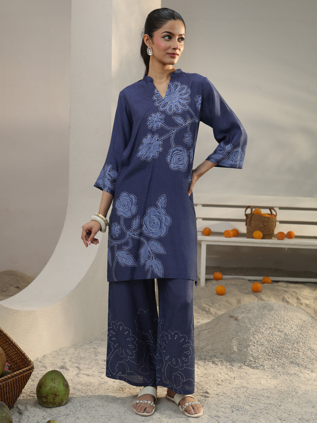  Blue Floral Printed Linen Co-Ord Set 