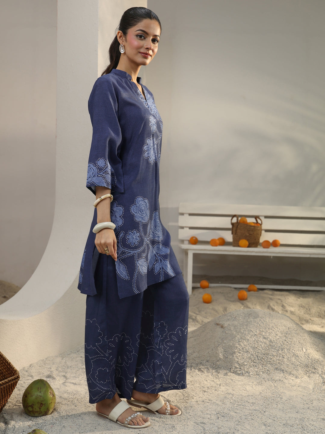  Blue Floral Printed Linen Co-Ord Set 