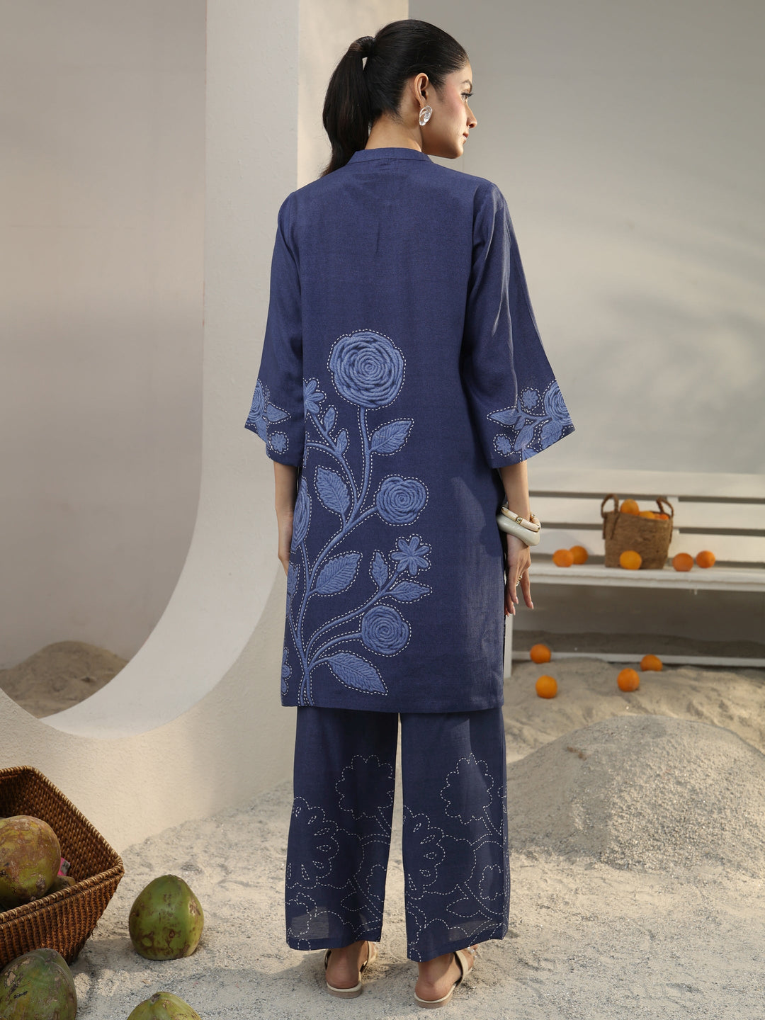  Blue Floral Printed Linen Co-Ord Set 