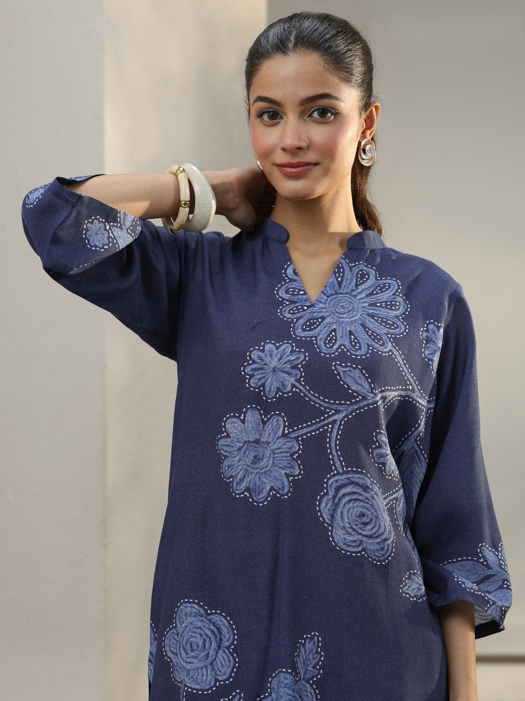  Blue Floral Printed Linen Co-Ord Set 