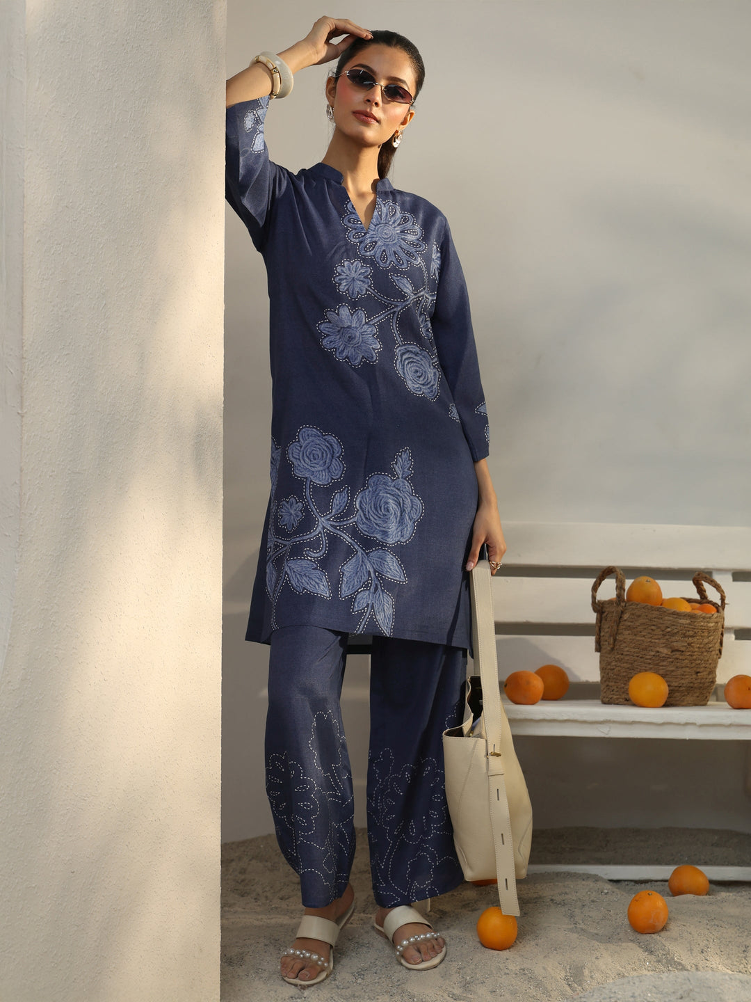  Blue Floral Printed Linen Co-Ord Set 