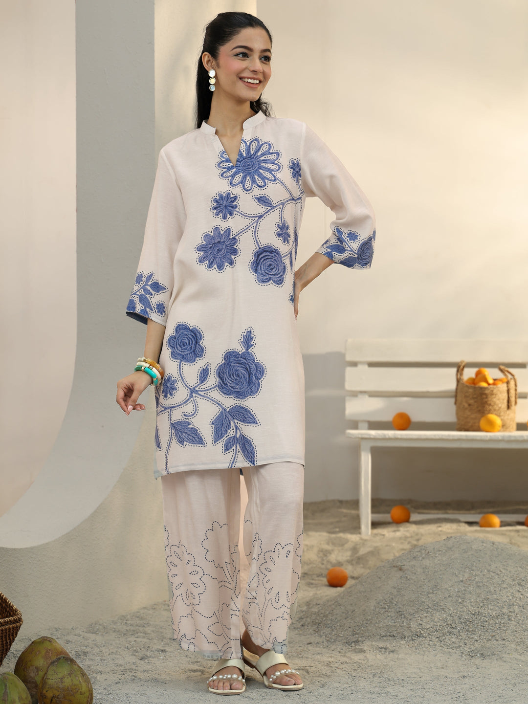  Off White Floral Printed Linen Co-Ord Set 