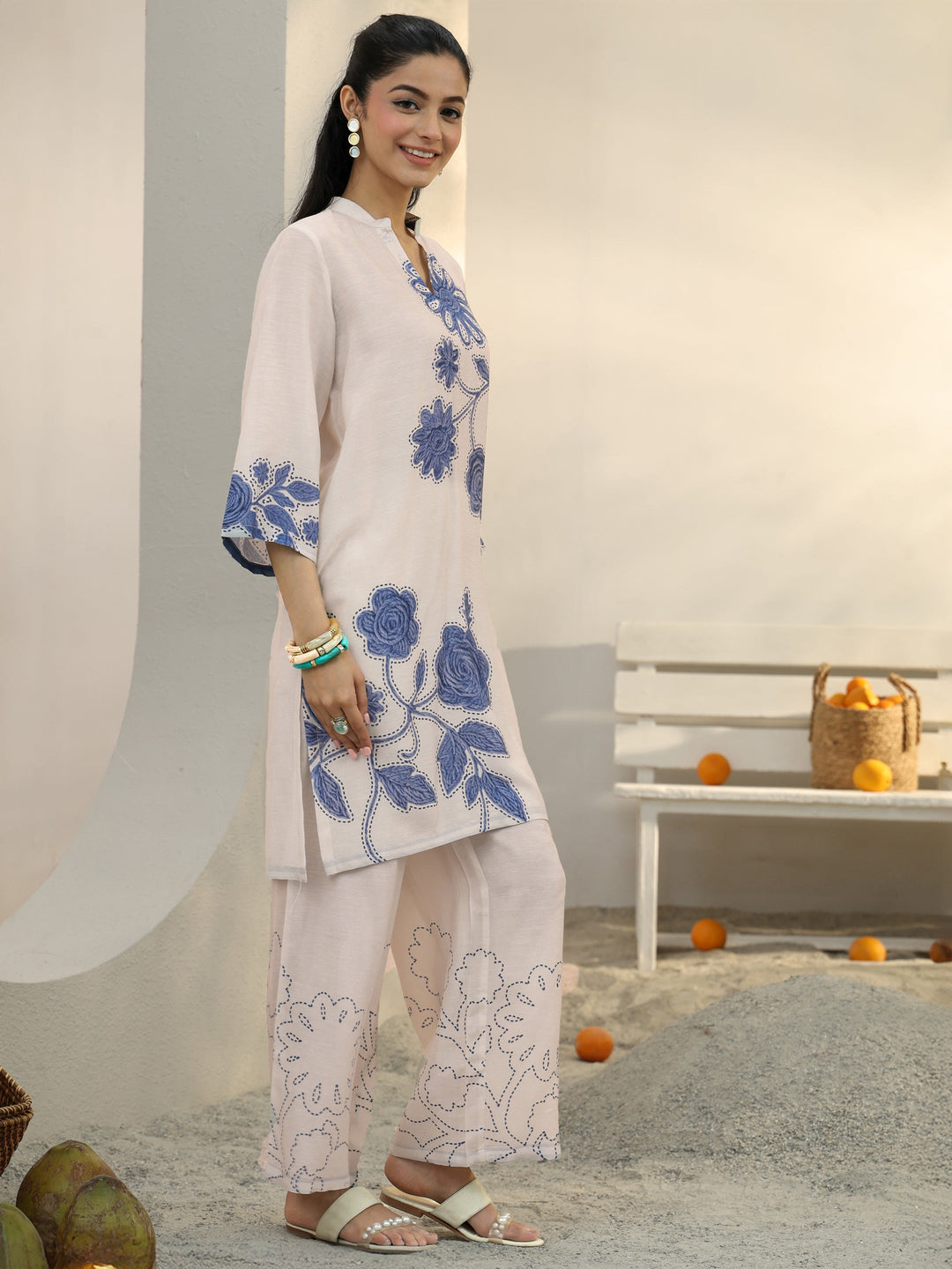  Off White Floral Printed Linen Co-Ord Set 