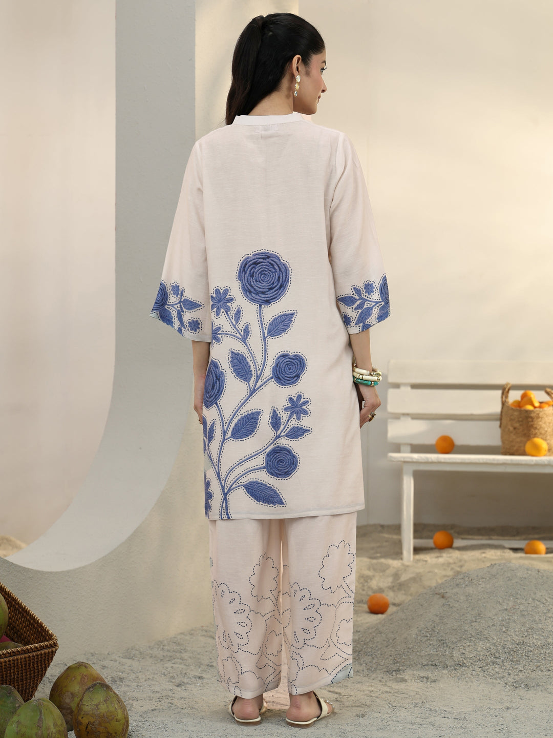 Off White Floral Printed Linen Co-Ord Set 