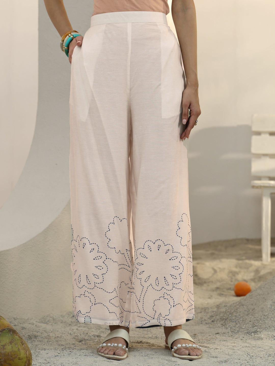  Off White Floral Printed Linen Co-Ord Set 