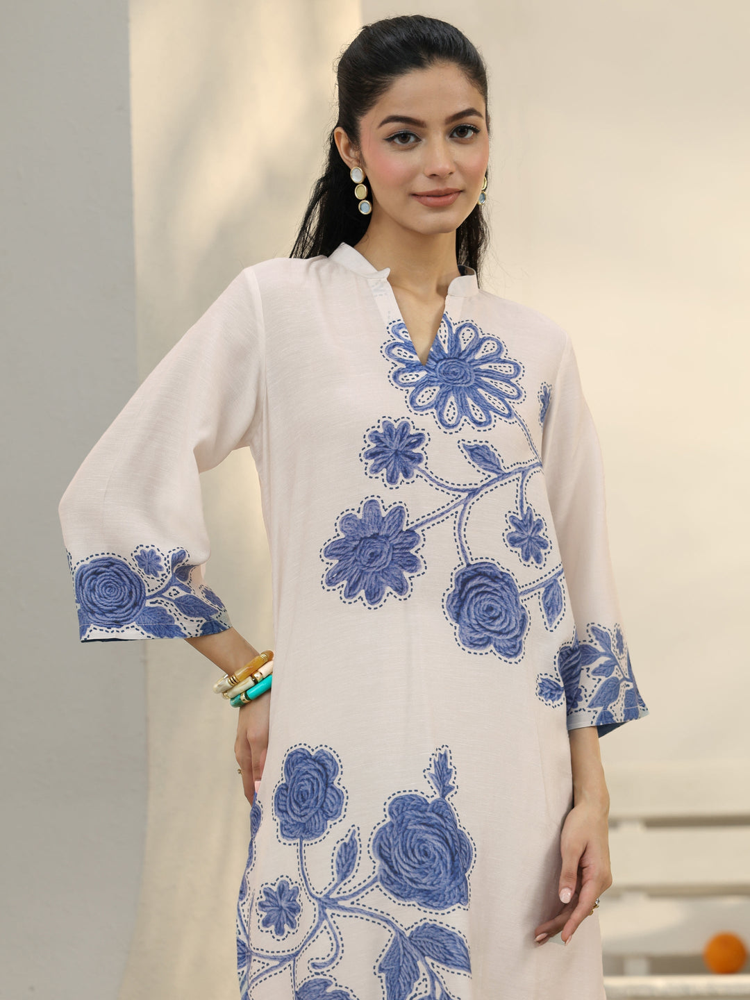  Off White Floral Printed Linen Co-Ord Set 