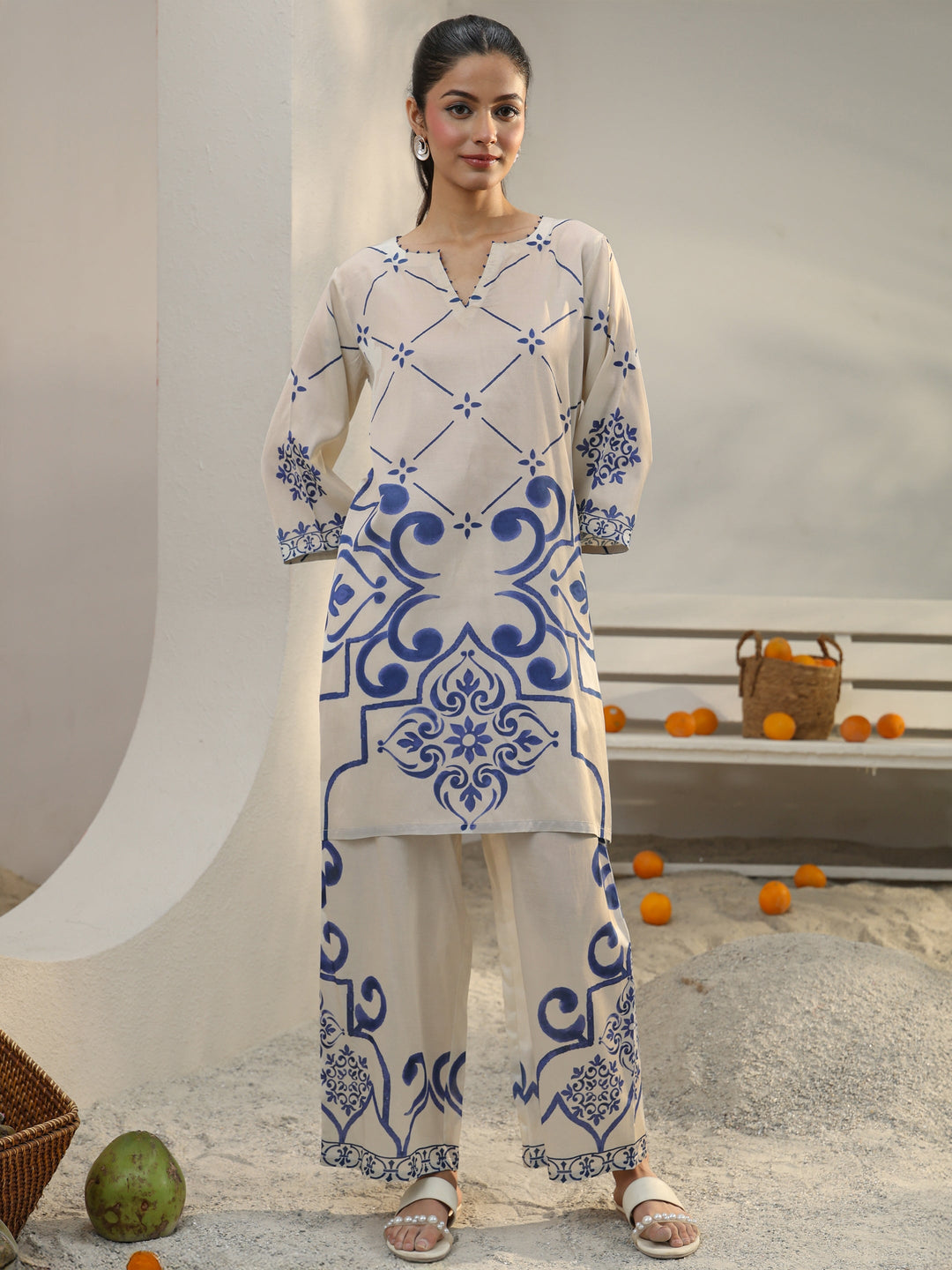 Off White Ethnic Printed Viscose Co-Ord Set 
