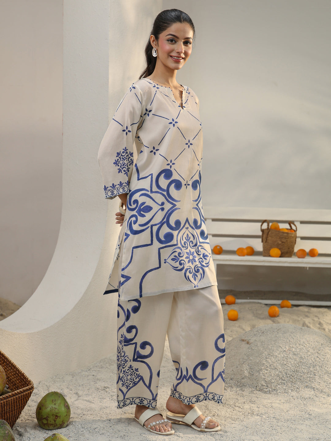  Off White Ethnic Printed Viscose Co-Ord Set 