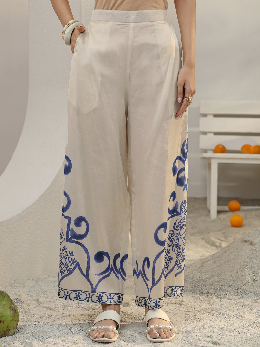 Off White Ethnic Printed Viscose Co-Ord Set 