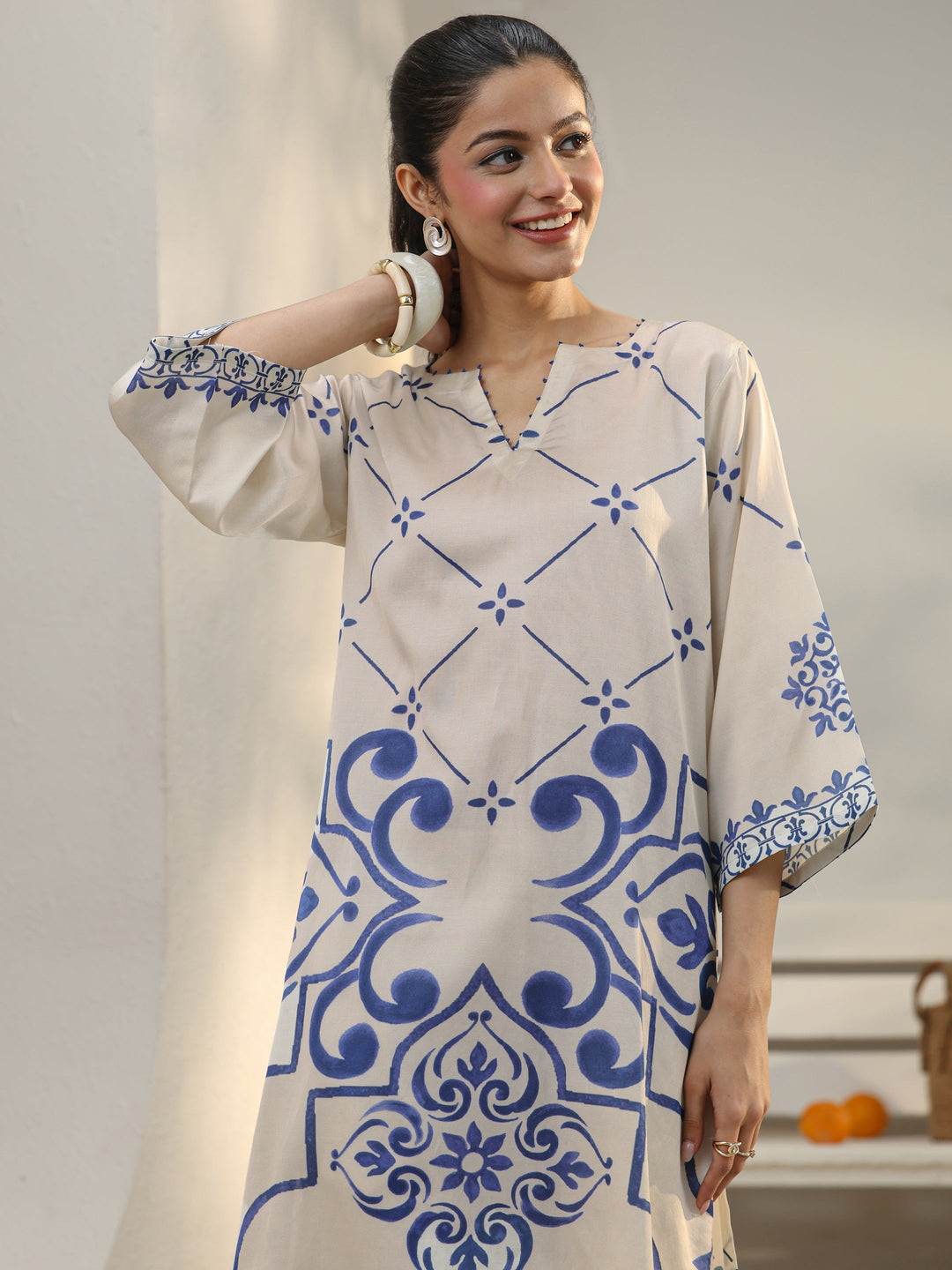  Off White Ethnic Printed Viscose Co-Ord Set 
