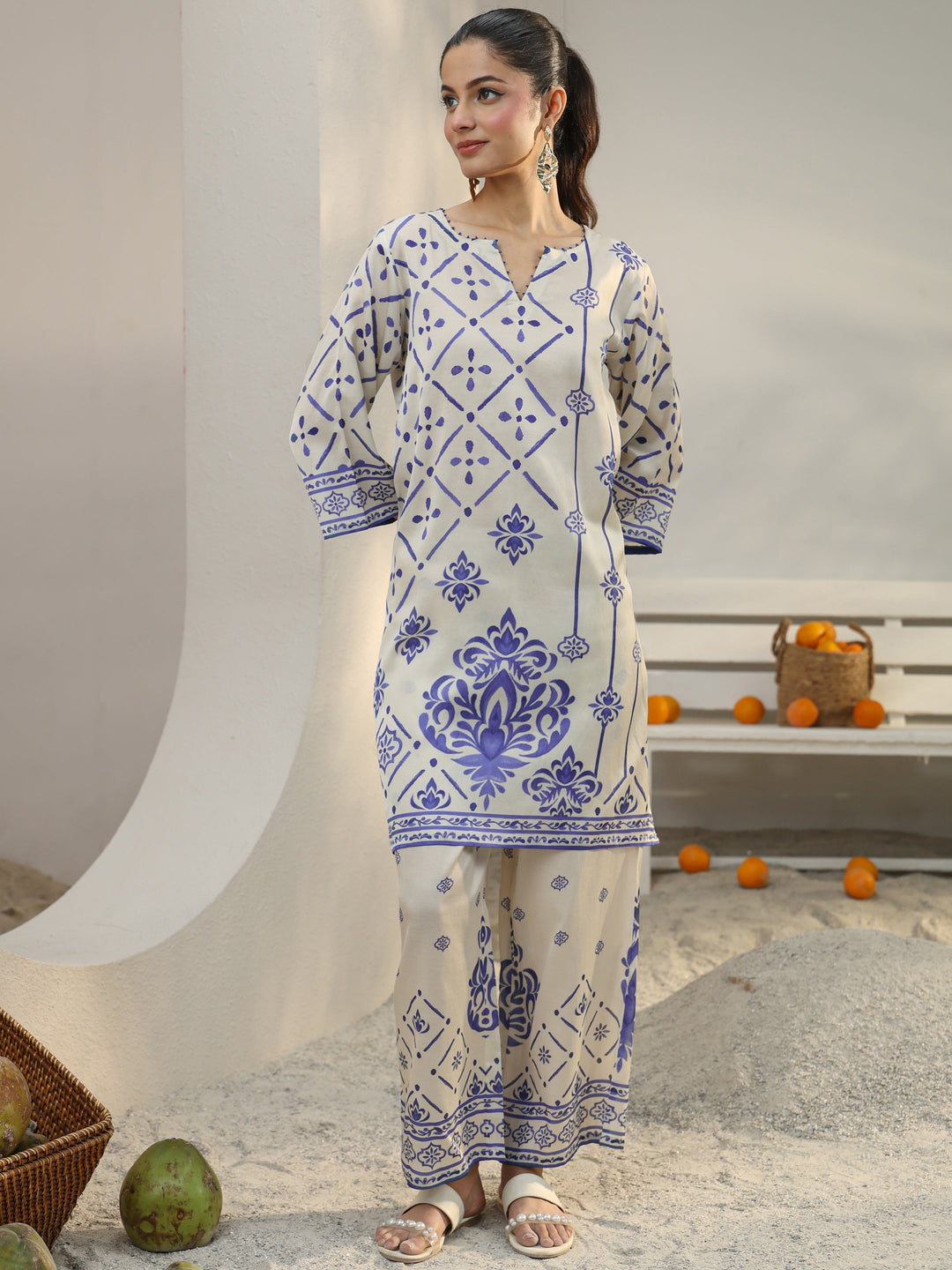  Off White Ethnic Printed Viscose Co-Ord Set 