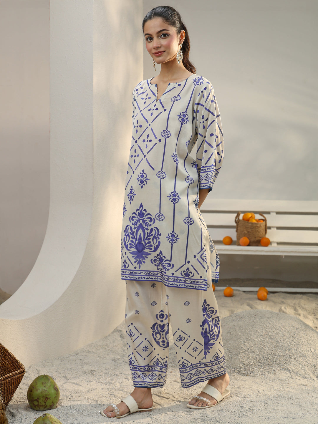  Off White Ethnic Printed Viscose Co-Ord Set 