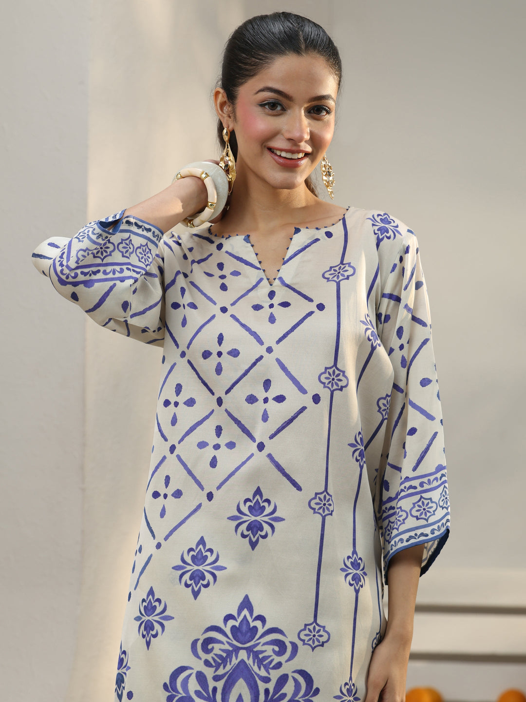  Off White Ethnic Printed Viscose Co-Ord Set 
