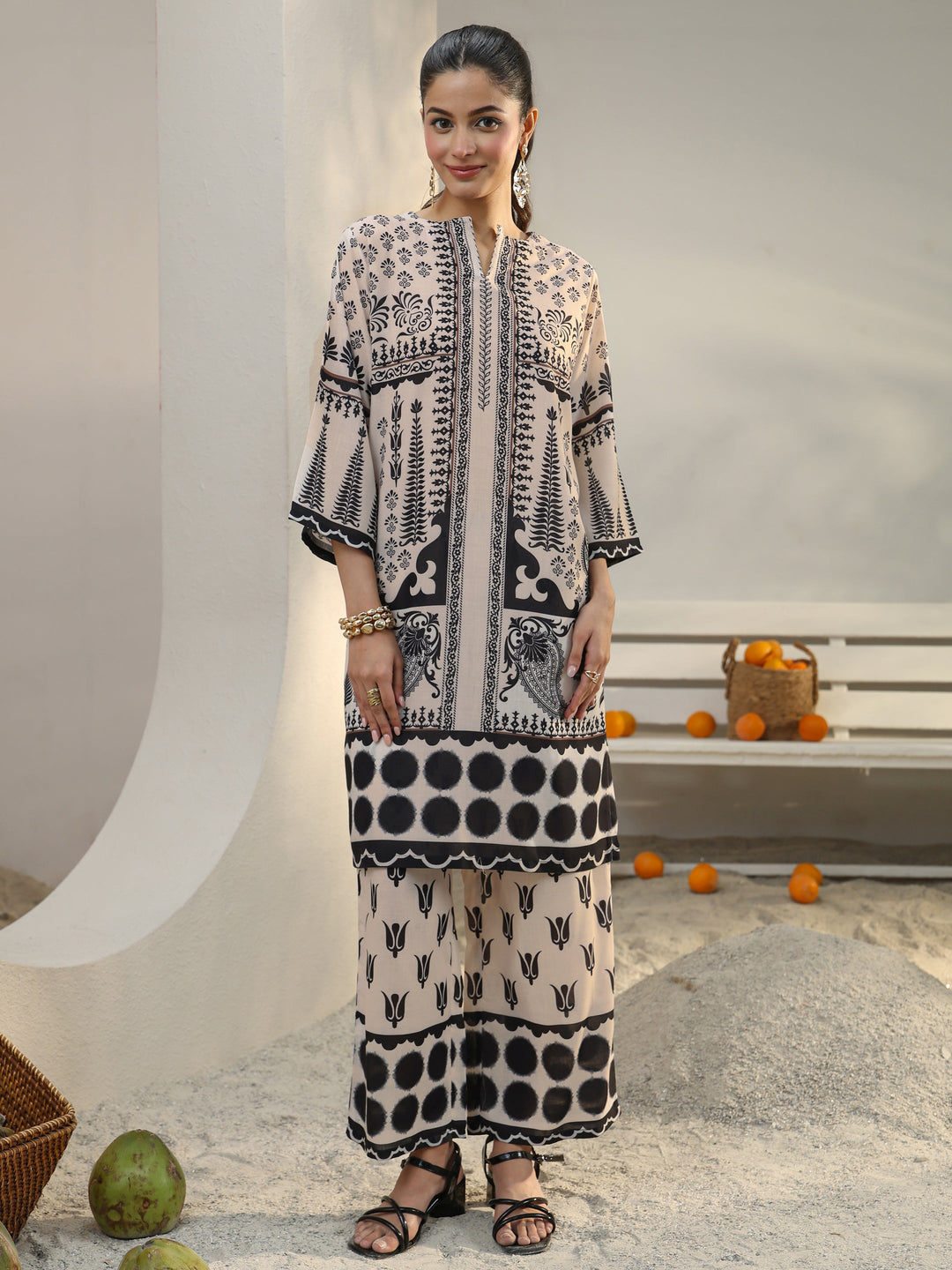  Ivory Ethnic Printed Cotton Blend Co-Ord Set 