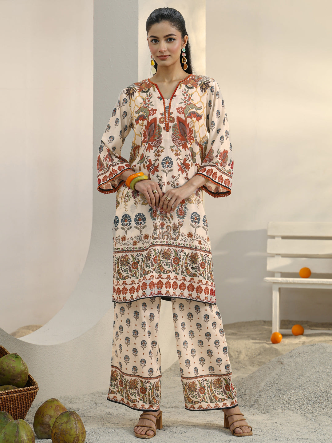  Ivory Ethnic Printed Cotton Blend Co-Ord Set 