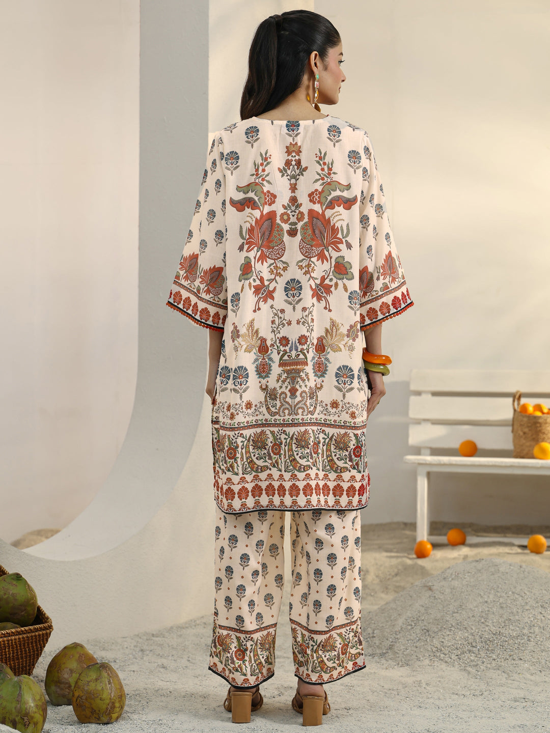  Ivory Ethnic Printed Cotton Blend Co-Ord Set 