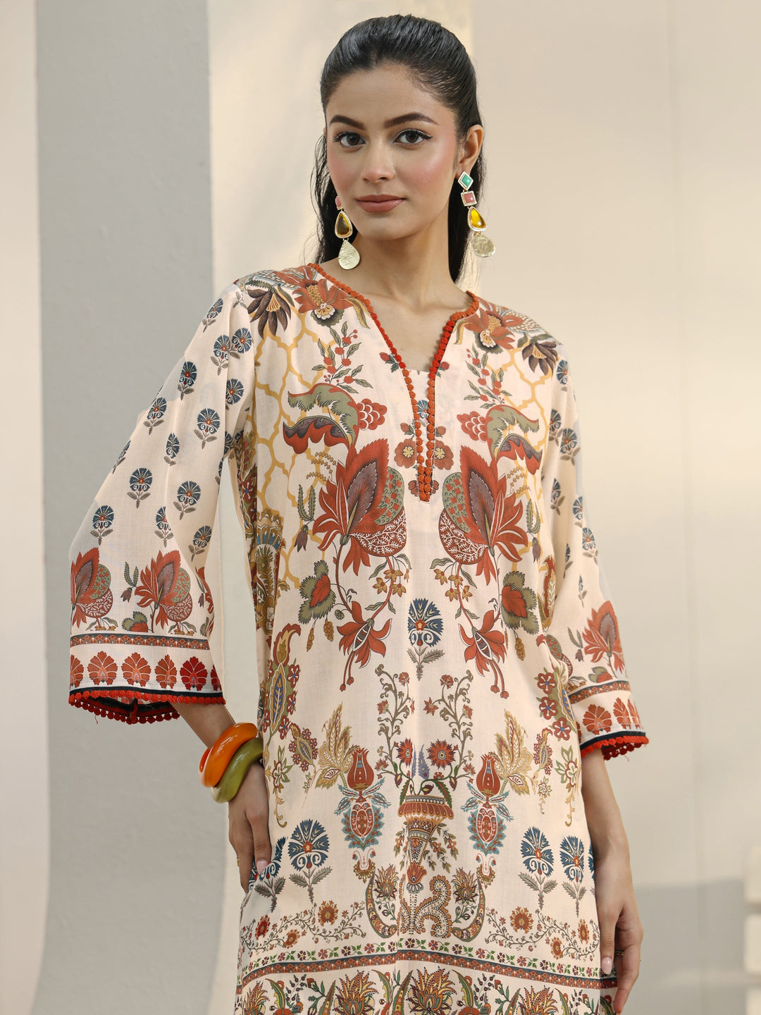  Ivory Ethnic Printed Cotton Blend Co-Ord Set 
