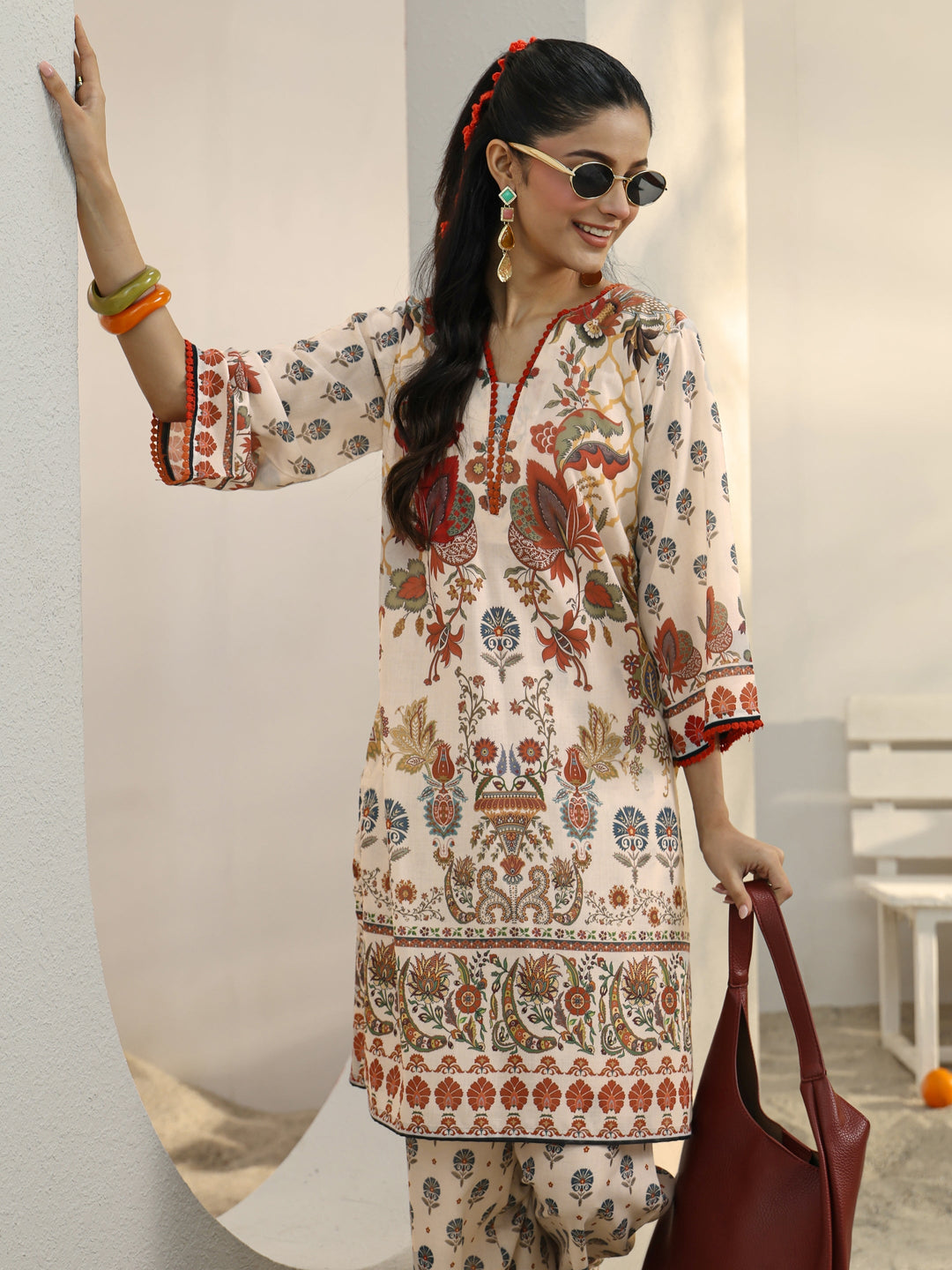  Ivory Ethnic Printed Cotton Blend Co-Ord Set 