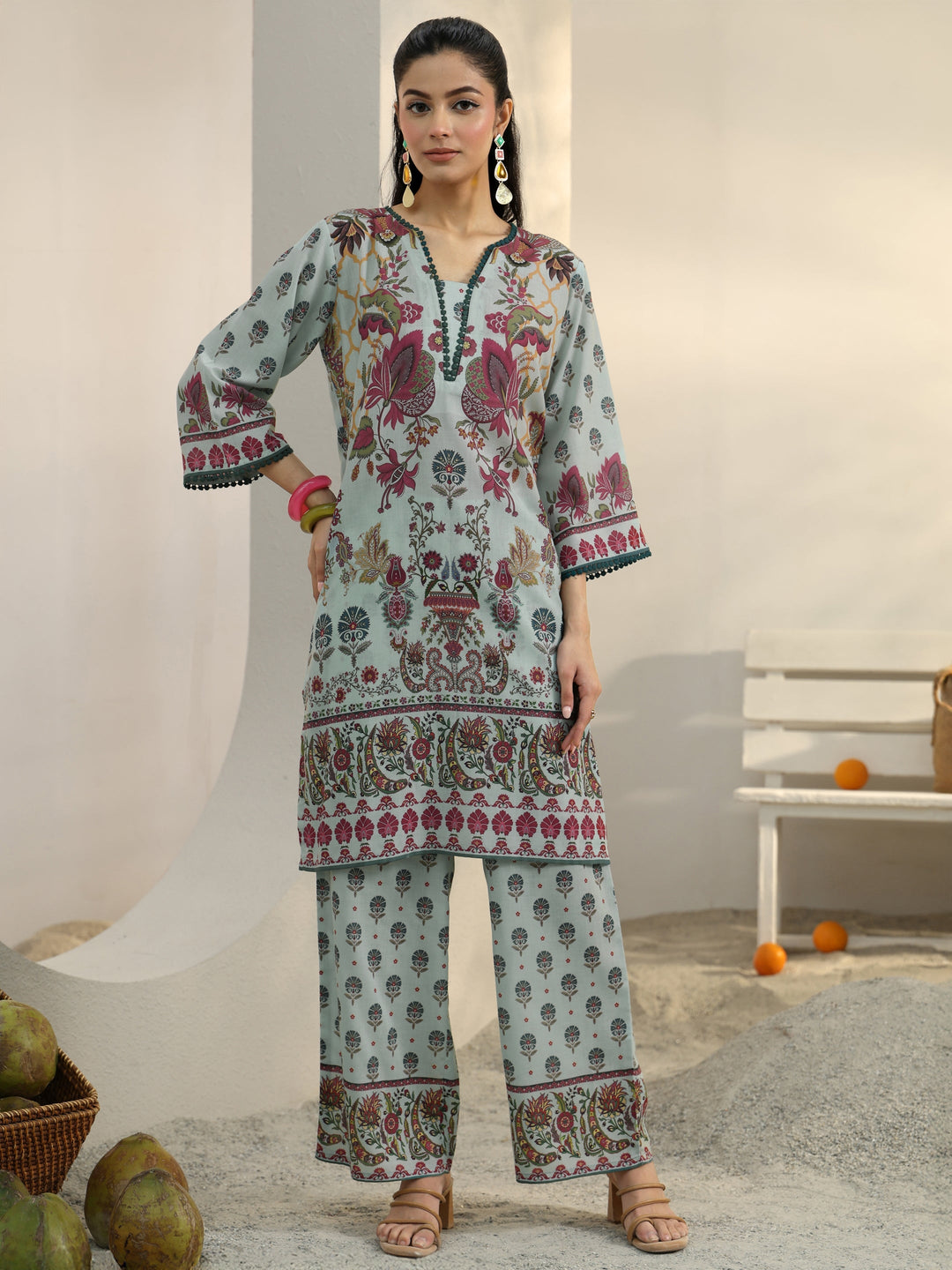  Blue Ethnic Printed Cotton Blend Co-Ord Set 