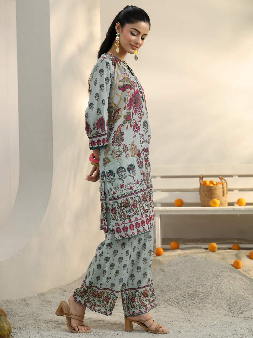  Blue Ethnic Printed Cotton Blend Co-Ord Set 