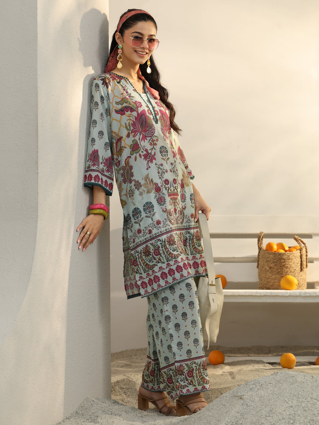  Blue Ethnic Printed Cotton Blend Co-Ord Set 