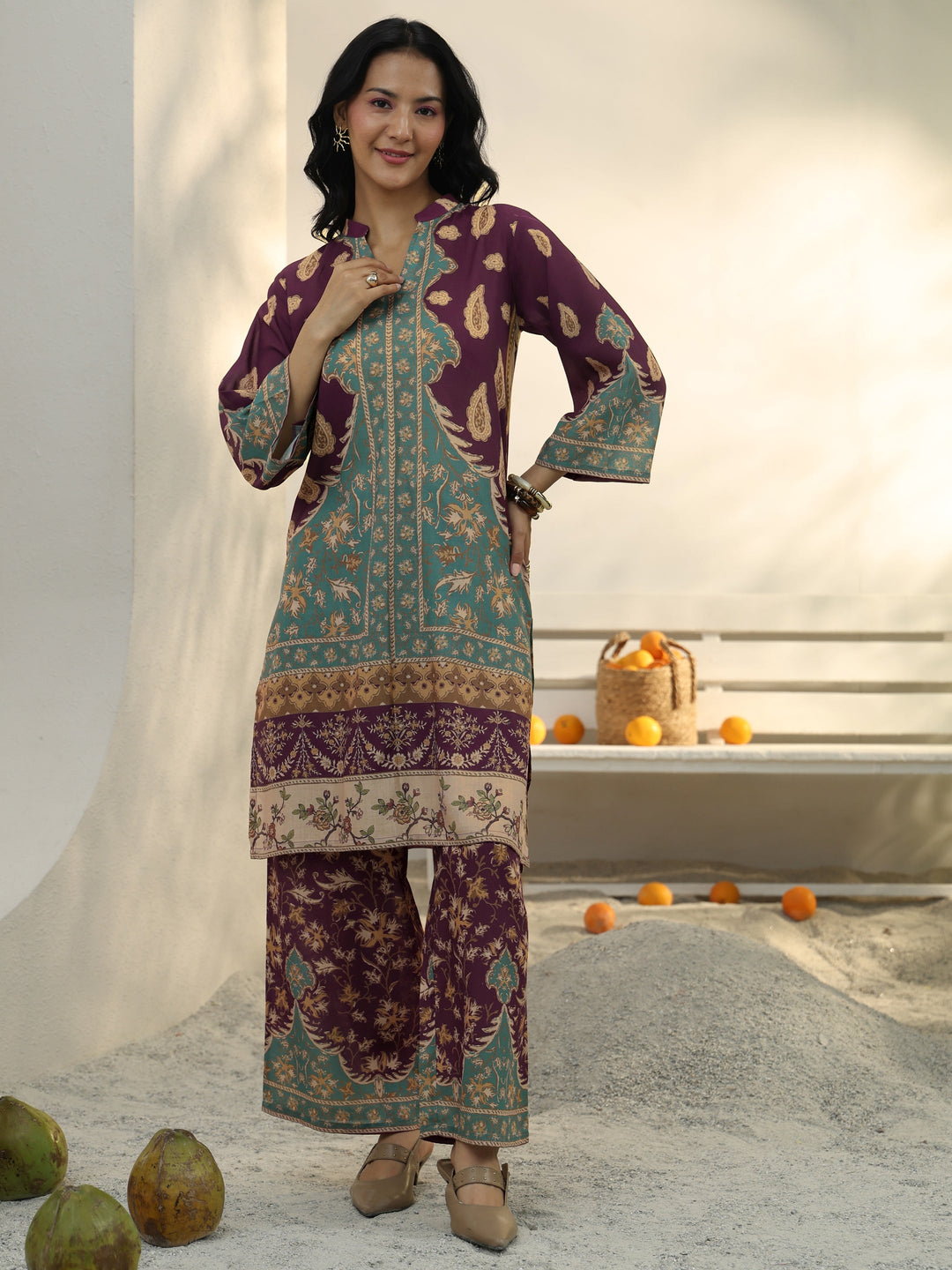  Burgundy Floral Printed Cotton Blend Co-Ord Set 