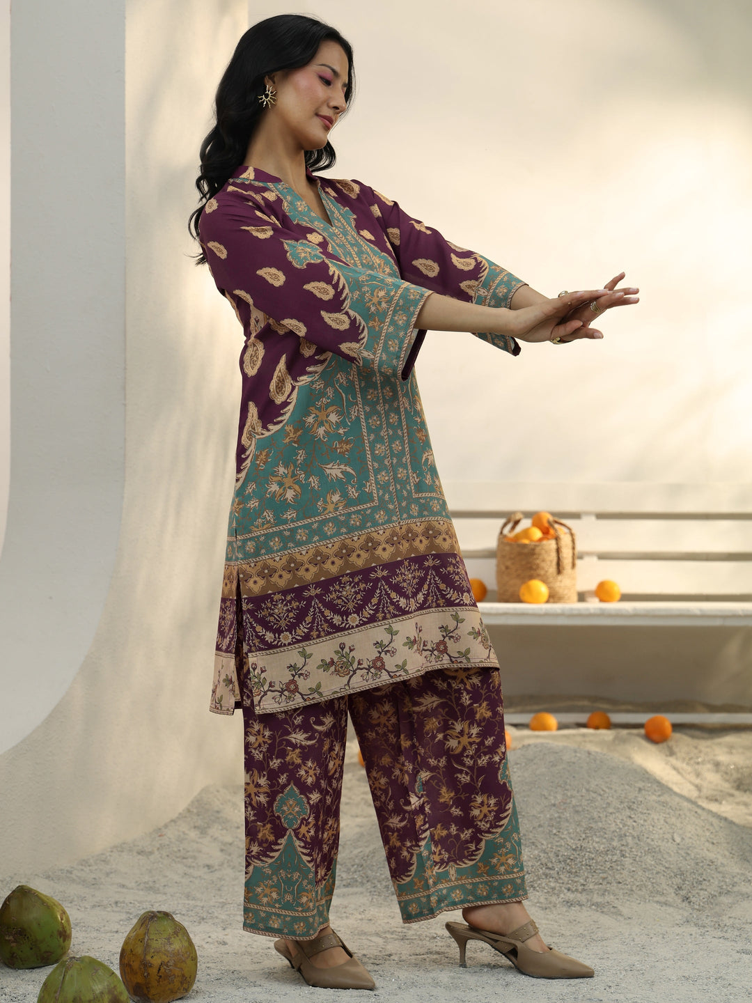  Burgundy Floral Printed Cotton Blend Co-Ord Set 
