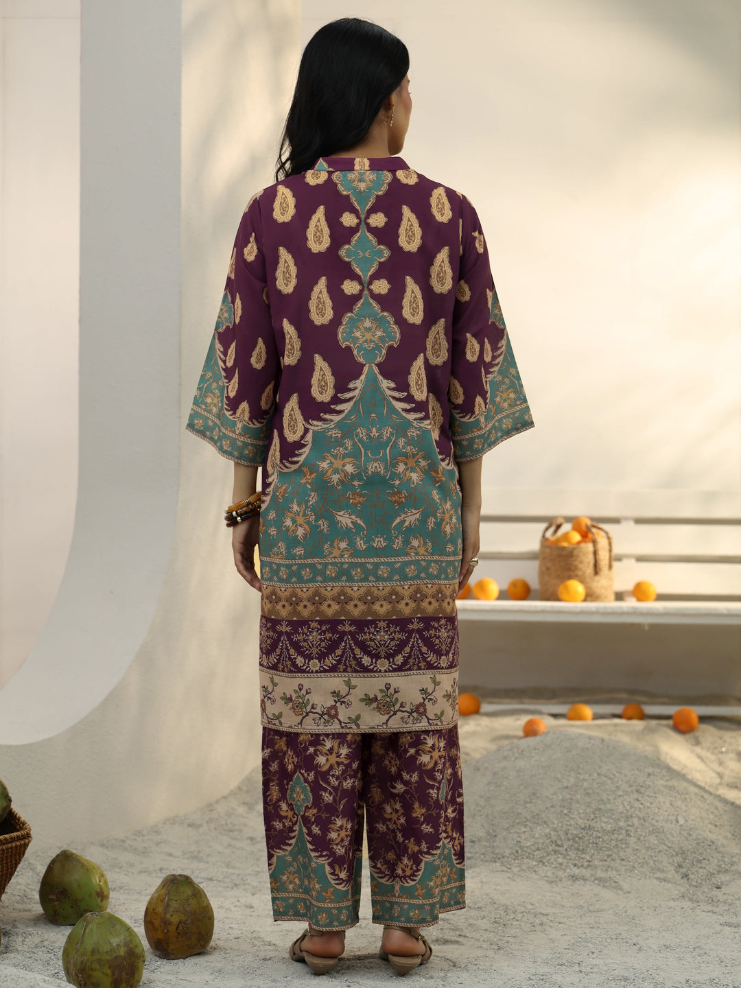  Burgundy Floral Printed Cotton Blend Co-Ord Set 