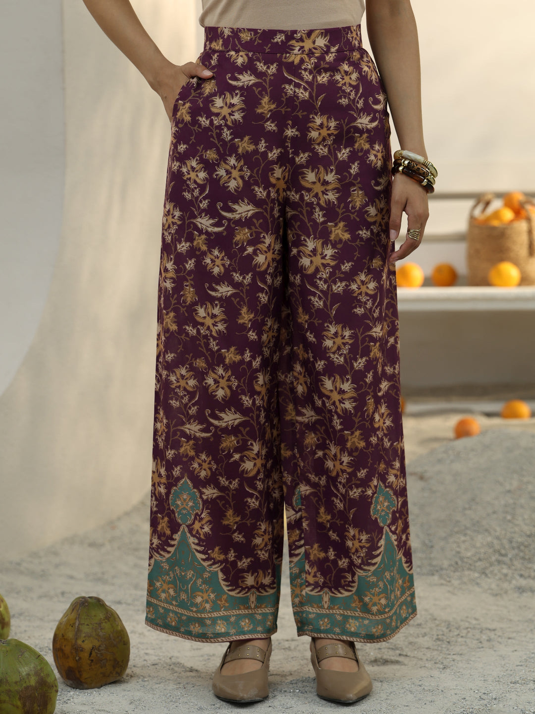  Burgundy Floral Printed Cotton Blend Co-Ord Set 