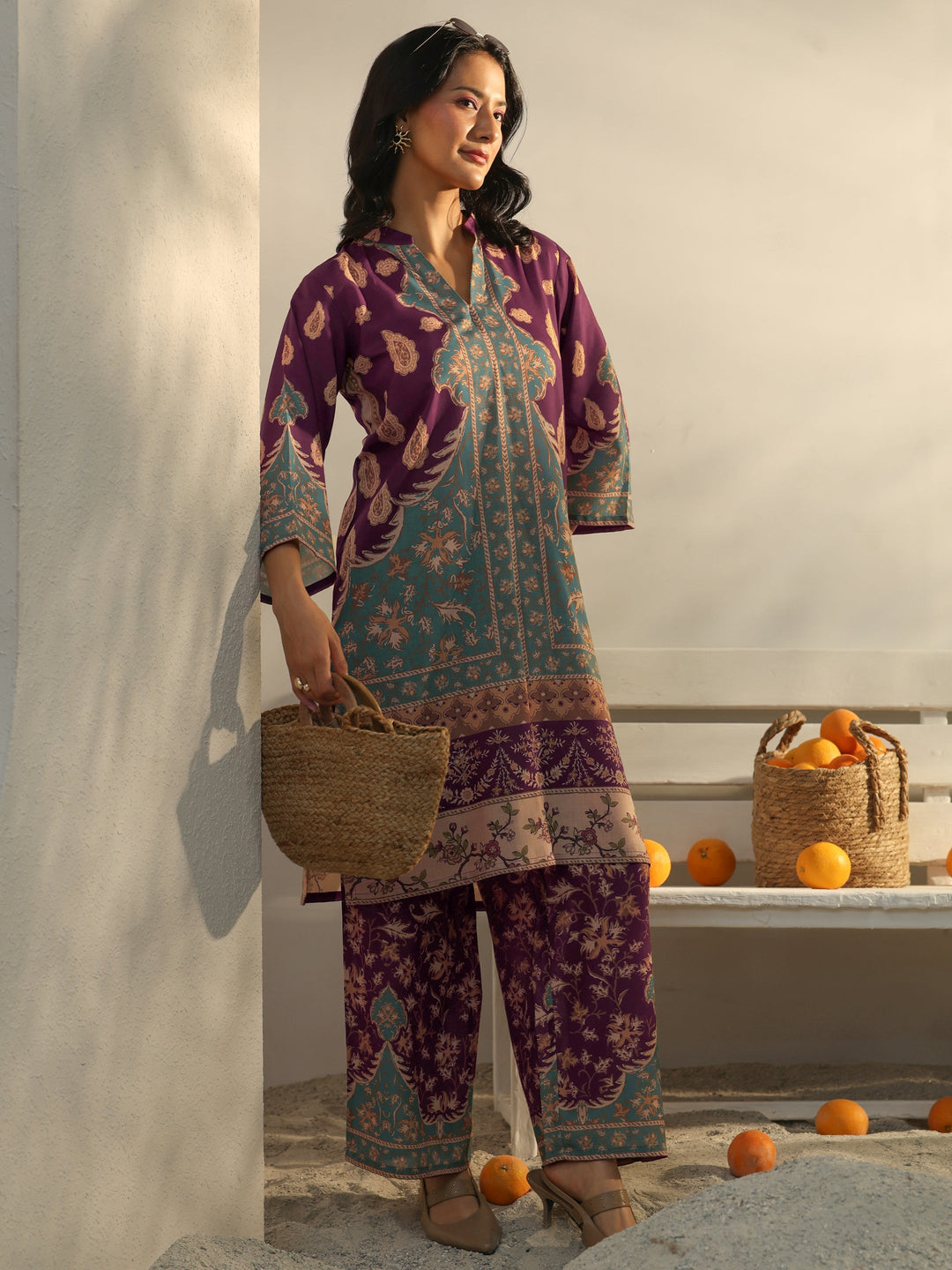  Burgundy Floral Printed Cotton Blend Co-Ord Set 