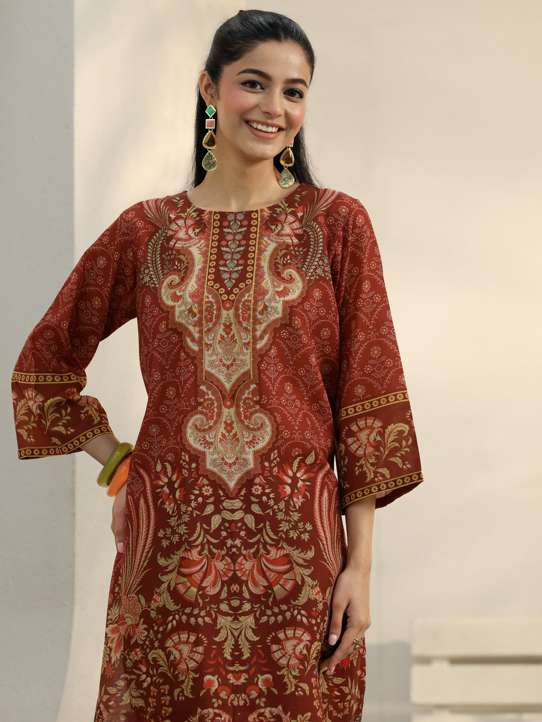  Rust Ethnic Printed Cotton Blend Co-Ord Set 
