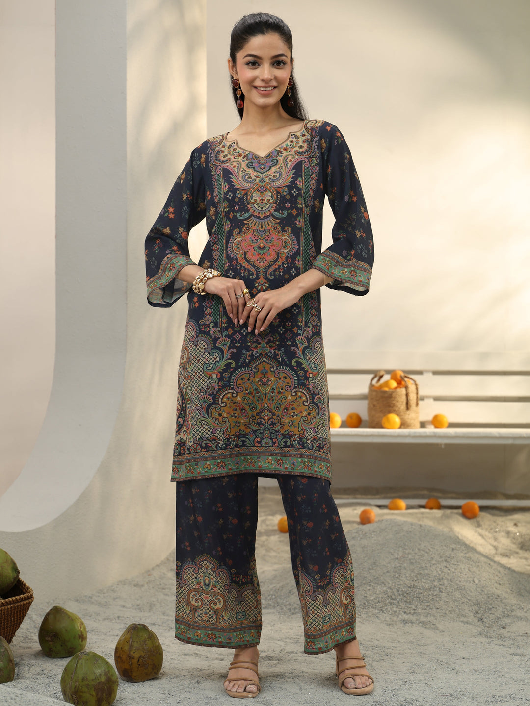  Navy Blue Ethnic Printed Cotton Blend Co-Ord Set 