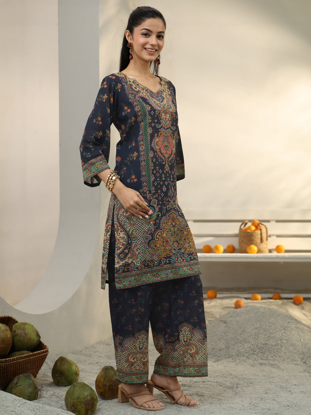  Navy Blue Ethnic Printed Cotton Blend Co-Ord Set 